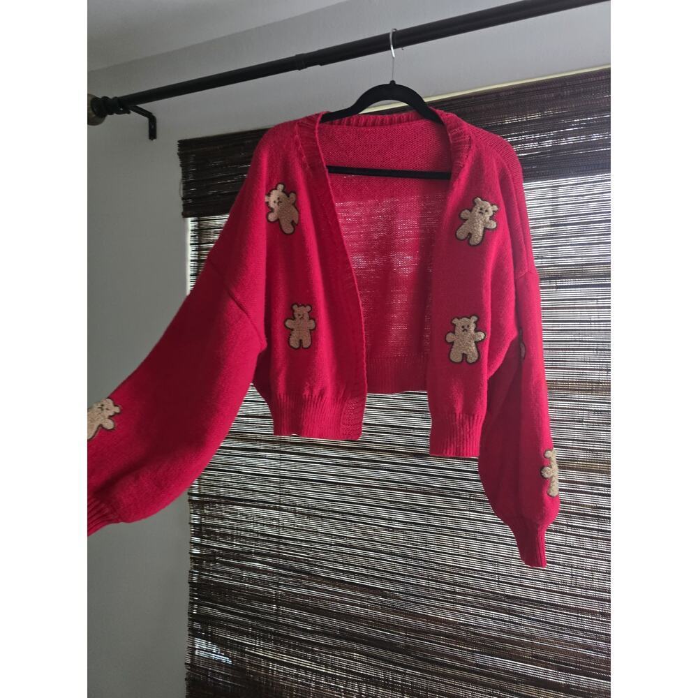Long Sleeve Womens V- Neck Cardigan Deep Pink Color with Cute Bear Pattern - 3XL - Picture 6 of 6